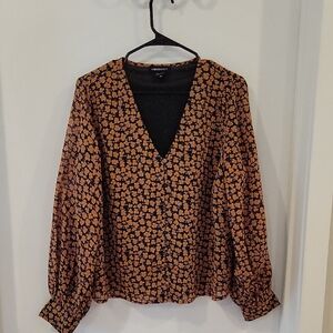 Floral V-Neck Blouse - Black and Mustard Yellow